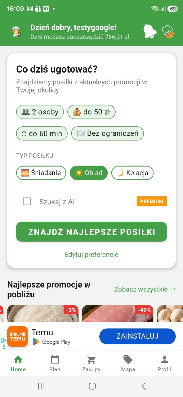 Ekran główny PromoChef wspierający planowanie posiłków